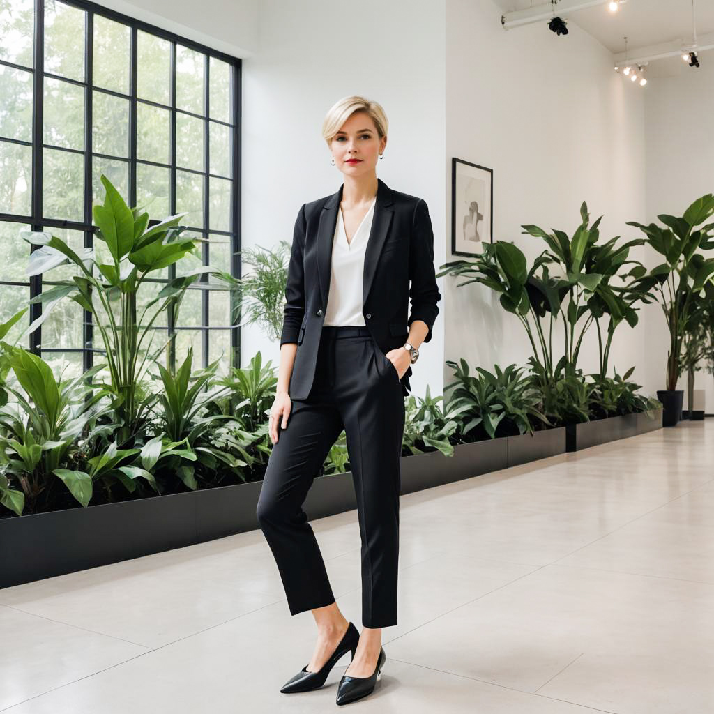 Confident Woman in Black Suit Amidst Greenery