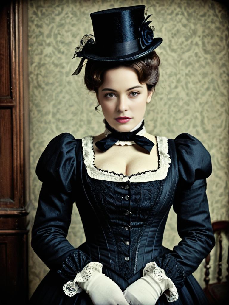 Victorian Woman in Black Dress and Top Hat Vintage Portrait