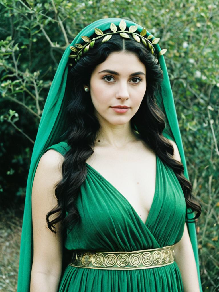 Young Woman in Green Greek Goddess Costume with Gold Laurel Crown