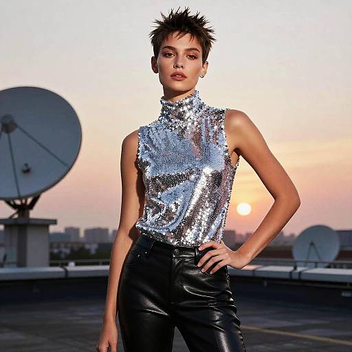 Edgy Gen Z Fashion Woman in Silver Sequin Top on Rooftop at Sunset