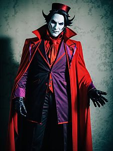Realistic Man Cosplay Wearing Mephisto Costume with Red Cape and Top Hat