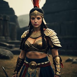 Woman Warrior in Ancient Gold Armor with Braided Hair in Realistic Fantasy Setting