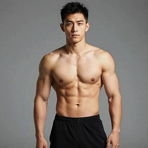 Fit Asian Man Showcasing Muscular Physique and Abs
