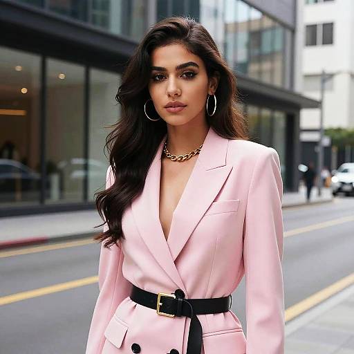 Young Woman in Chic Pink Blazer Fashion Street Style