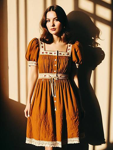Woman in Bohemian Style Rust Colored Short Dress with Square Neckline