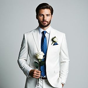 Elegant Man in White Suit Holding White Rose with Blue Tie