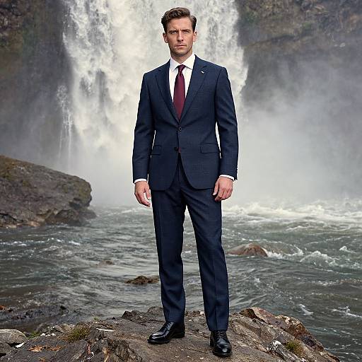 Man in Navy Suit Standing by Waterfall on Rocky Terrain