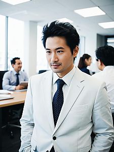 Confident Young Asian Man in White Suit in Modern Office