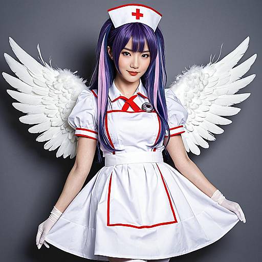 Anime Style Nurse Cosplay with Angel Wings and Purple Hair