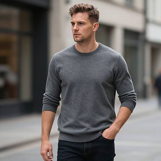 Young Man in Grey Sweater Walking in Urban Street