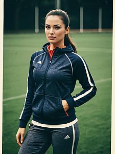Young Woman in Adidas Tracksuit on Sports Field
