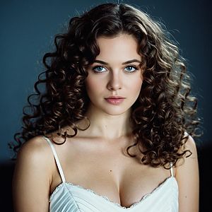 Realistic Portrait of Woman with Curly Hair and Blue Eyes