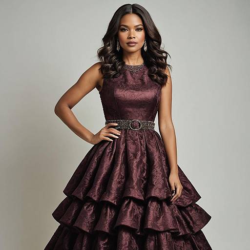 Elegant Woman in Deep Burgundy Tiered Evening Gown with Jeweled Belt