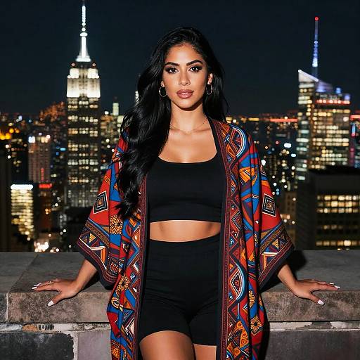 Stylish Woman in Patterned Kimono Posing on Rooftop Night Skyline