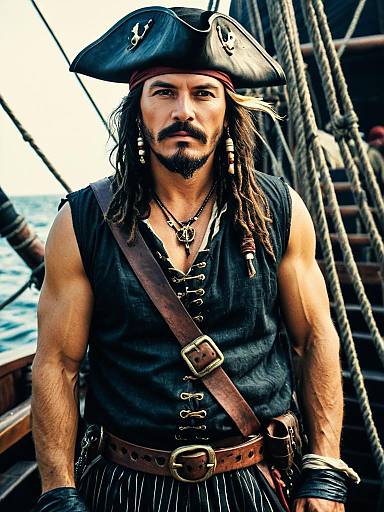 Man in Sleeveless Pirate Costume with Cinematic Realism on Ship