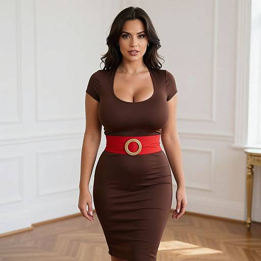 Woman in Brown Fitted Dress with Red Belt in Elegant Indoor Setting