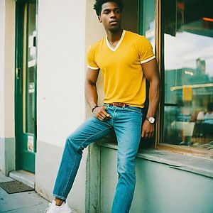Young Man in Yellow V-Neck Shirt Outside Building