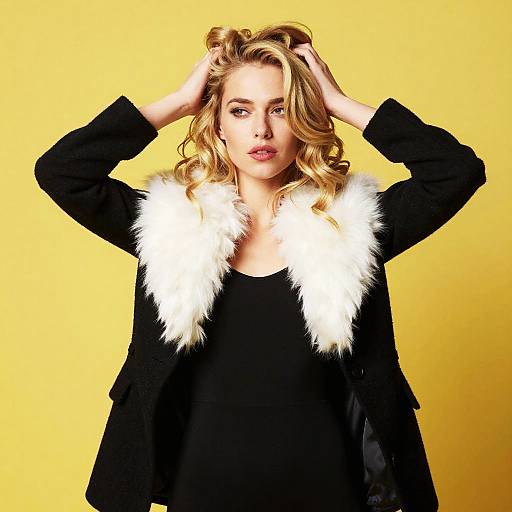 Stylish Blonde Woman in Black Coat with White Fur Collar Against Yellow Background