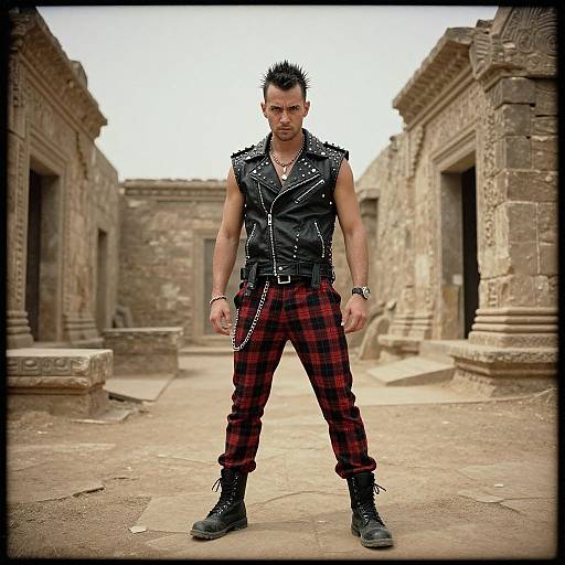 Punk Style Man in Black Leather Vest and Plaid Pants at Ancient Ruins