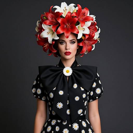 Woman in Black Daisy Dress with Red and White Lily Flower Headdress