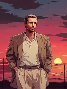 Confident Man in Beige Suit at Sunset