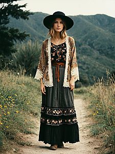 Bohemian Woman in Vintage Outfit on Mountain Path