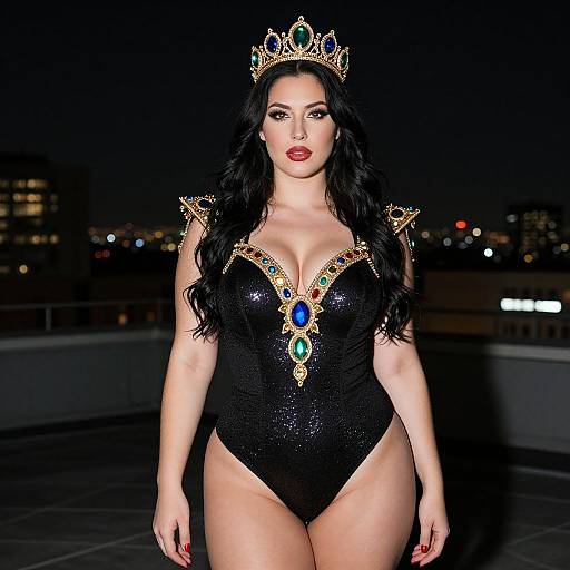 Woman in Jeweled Black Bodysuit and Crown on Rooftop at Night