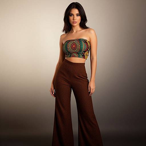 Stylish Woman in Patterned Bandeau Top and Wide-Leg Pants Fashion Portrait