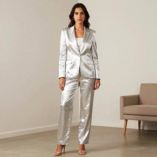 Woman Wearing Silver Satin Suit by Utopia Apparels in Modern Room