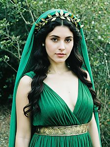 Young Woman in Green Greek Goddess Costume with Gold Laurel Crown