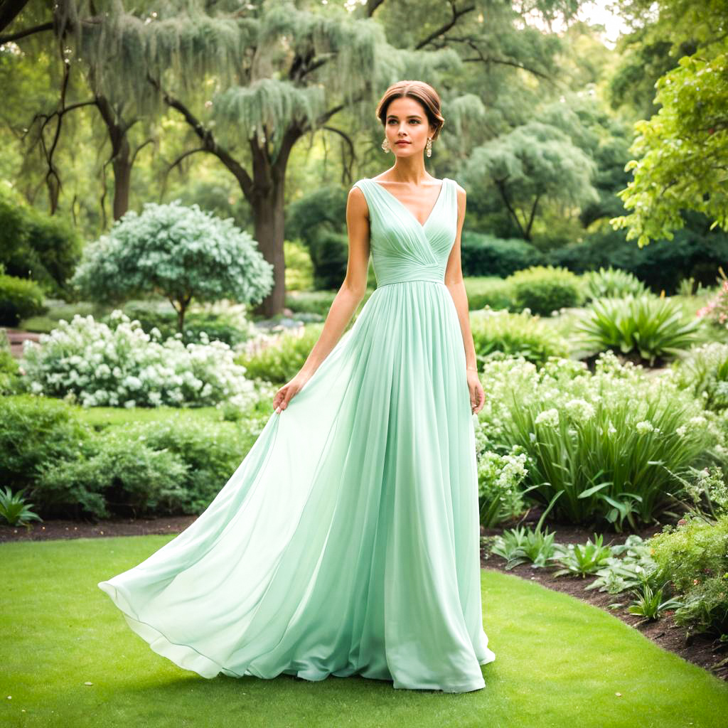 Elegant Woman in Mint Green Gown in Lush Garden