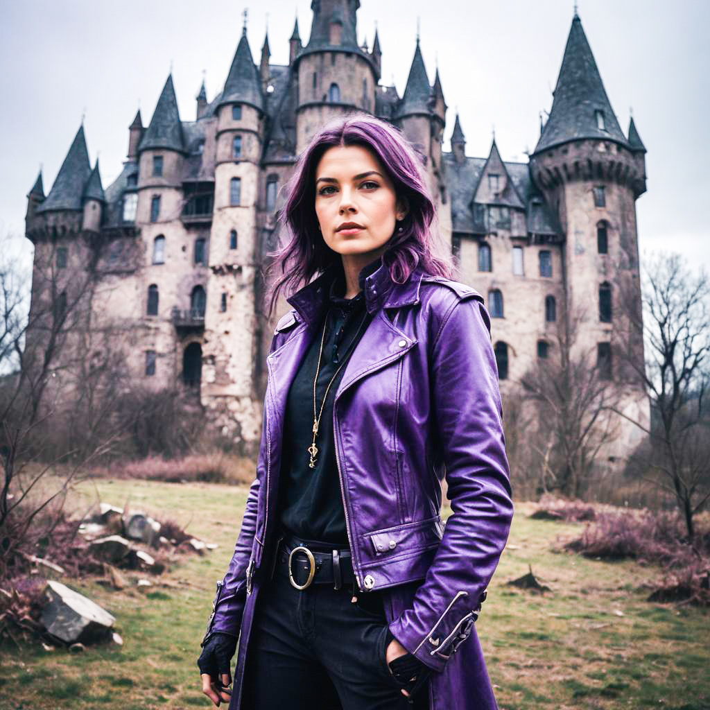 Stylish Woman in Purple Jacket at Castle