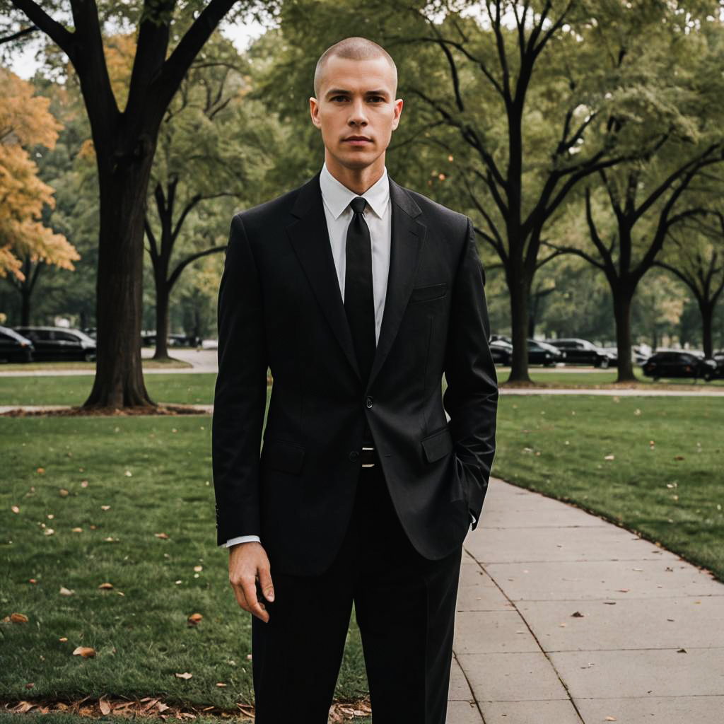 Confident Man in Black Suit in Autumn Park