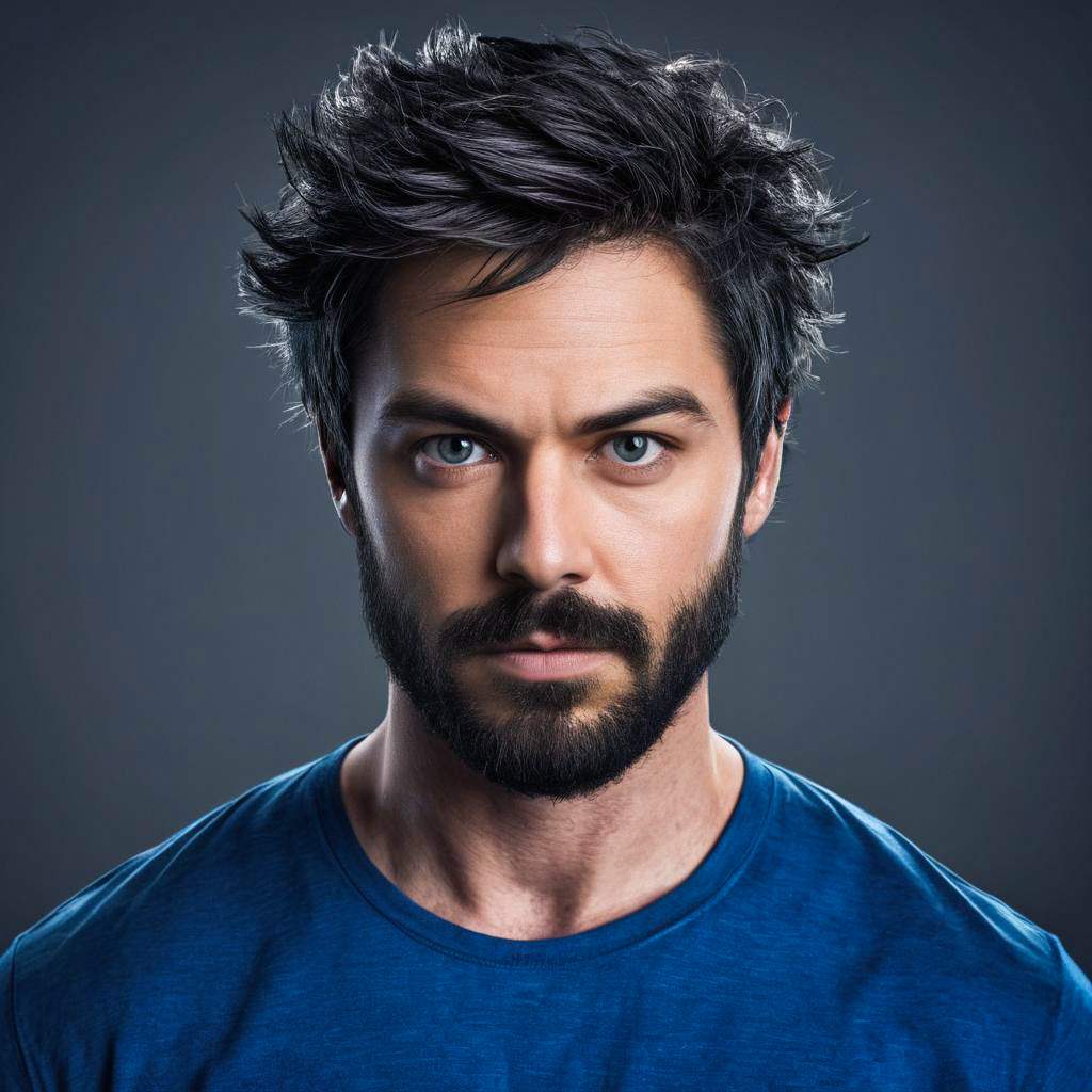 Serious man with dark hair and beard in blue shirt Serious man with dark hair and beard in blue shirt