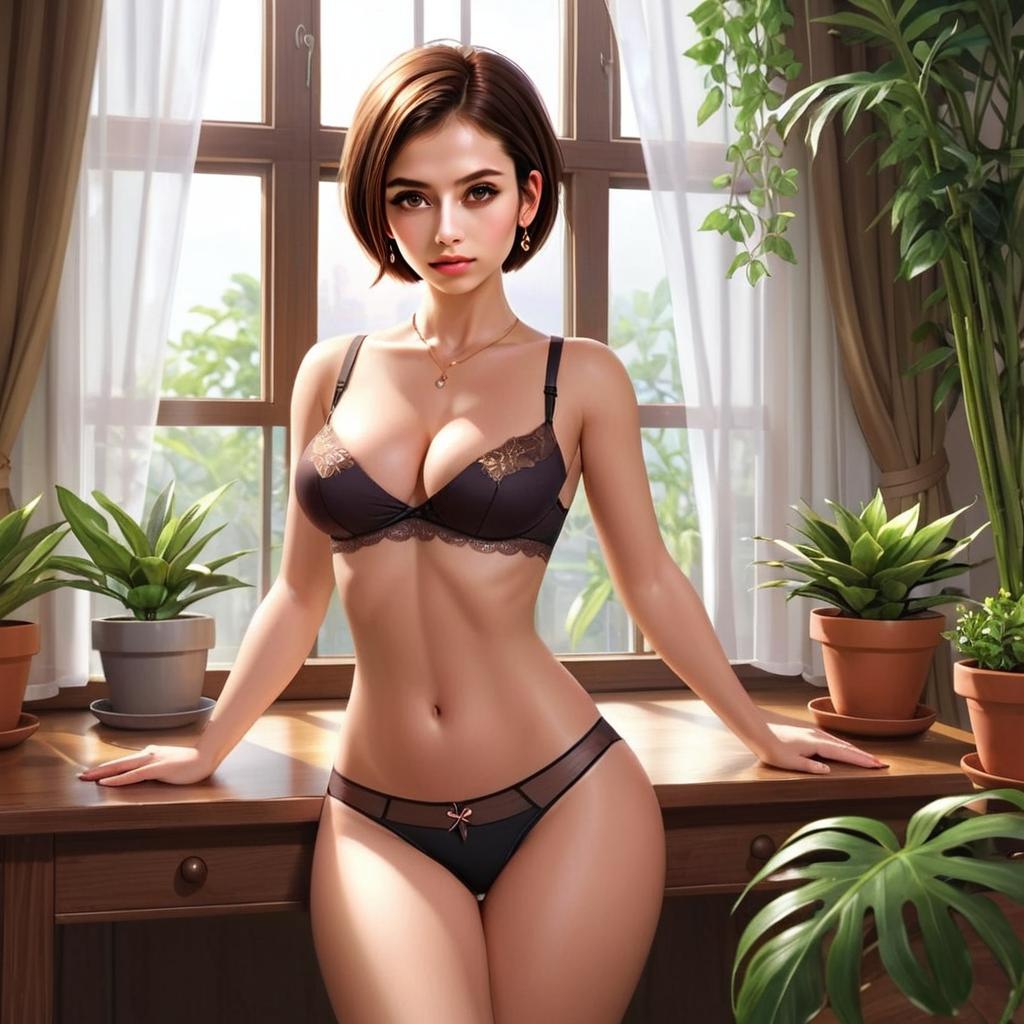 Stylized Digital Art of Woman in Black Lingerie by Window with Plants