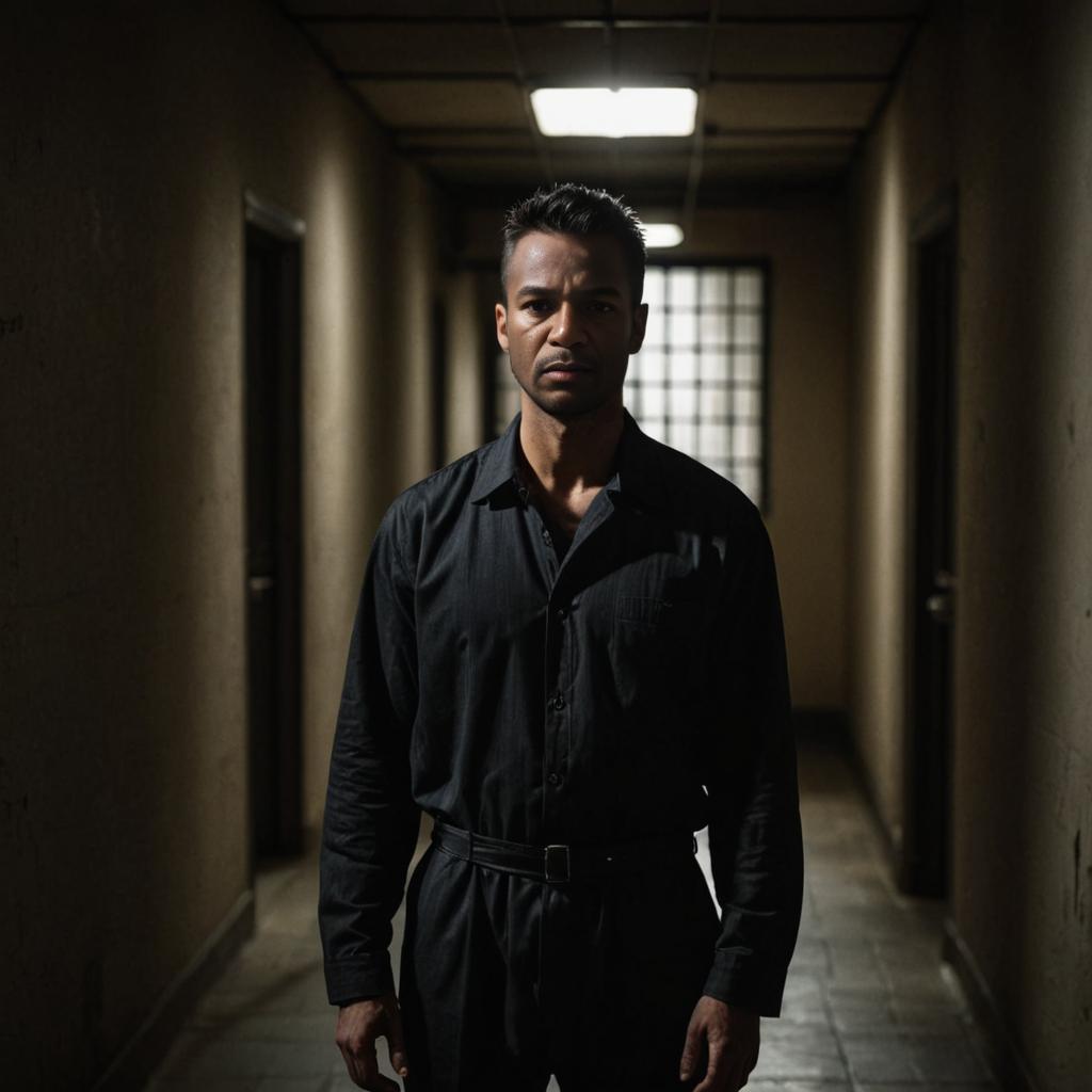 Man in Prison Clothes in Dimly Lit Jail Hallway