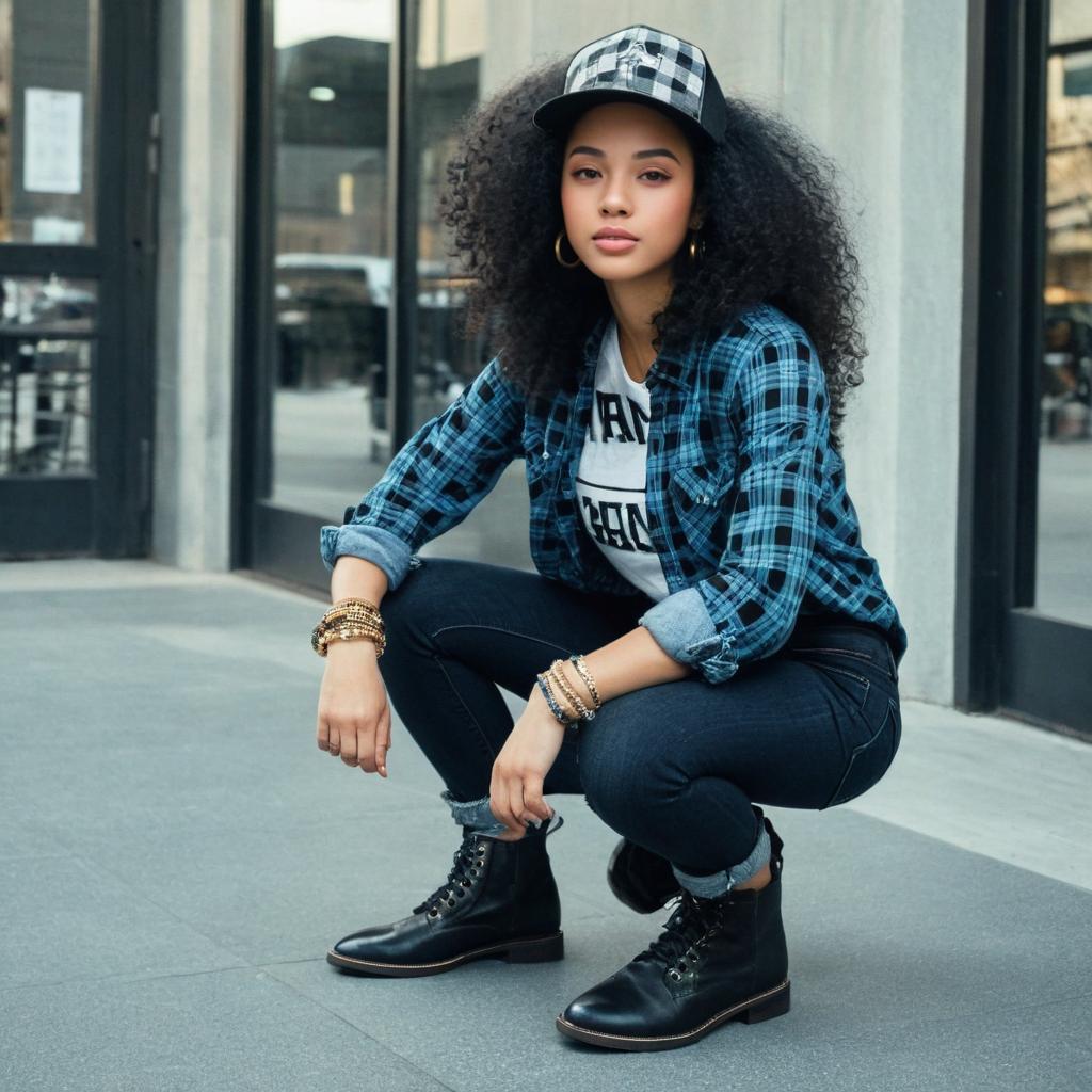 Young Woman in Blue Plaid Shirt and Casual Streetwear Outfit Outdoors