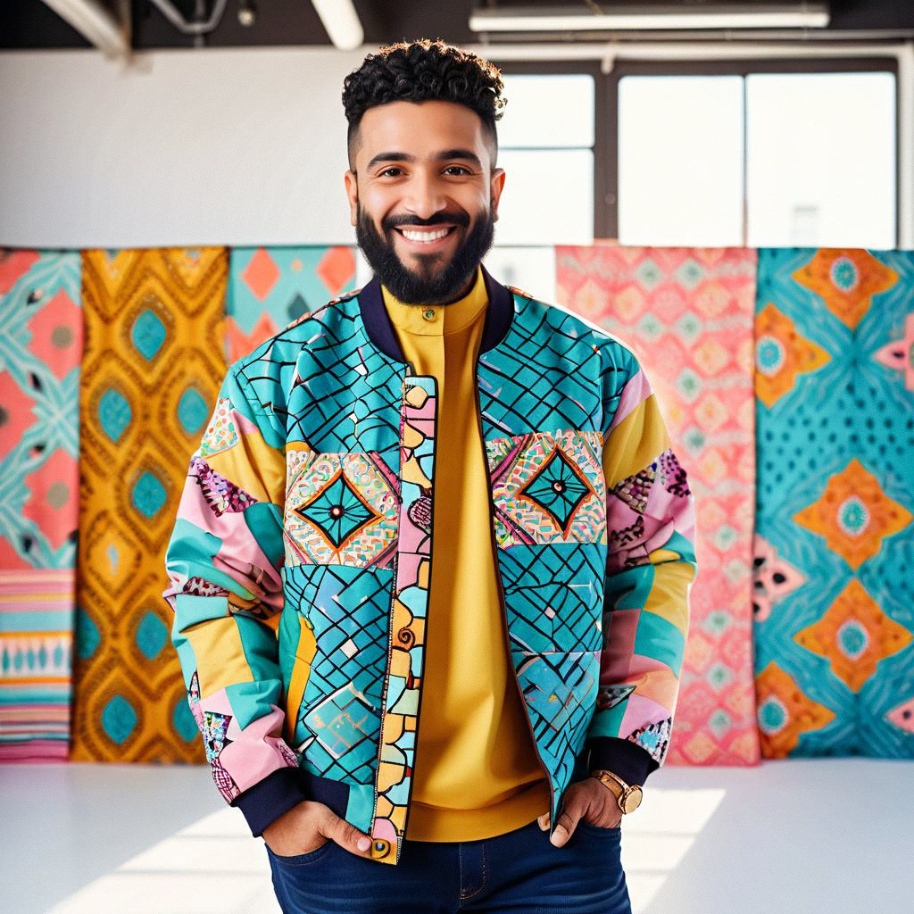 Confident Man in Colorful Jacket Against Geometric Background