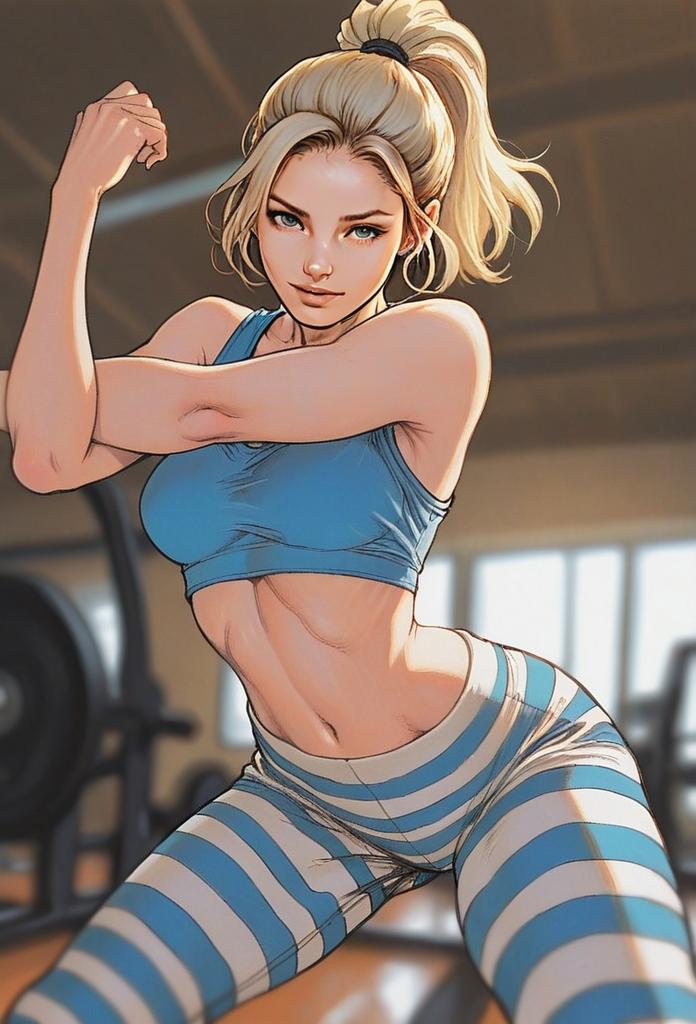 Fit Woman Flexing in Blue Sportswear at Gym Digital Illustration