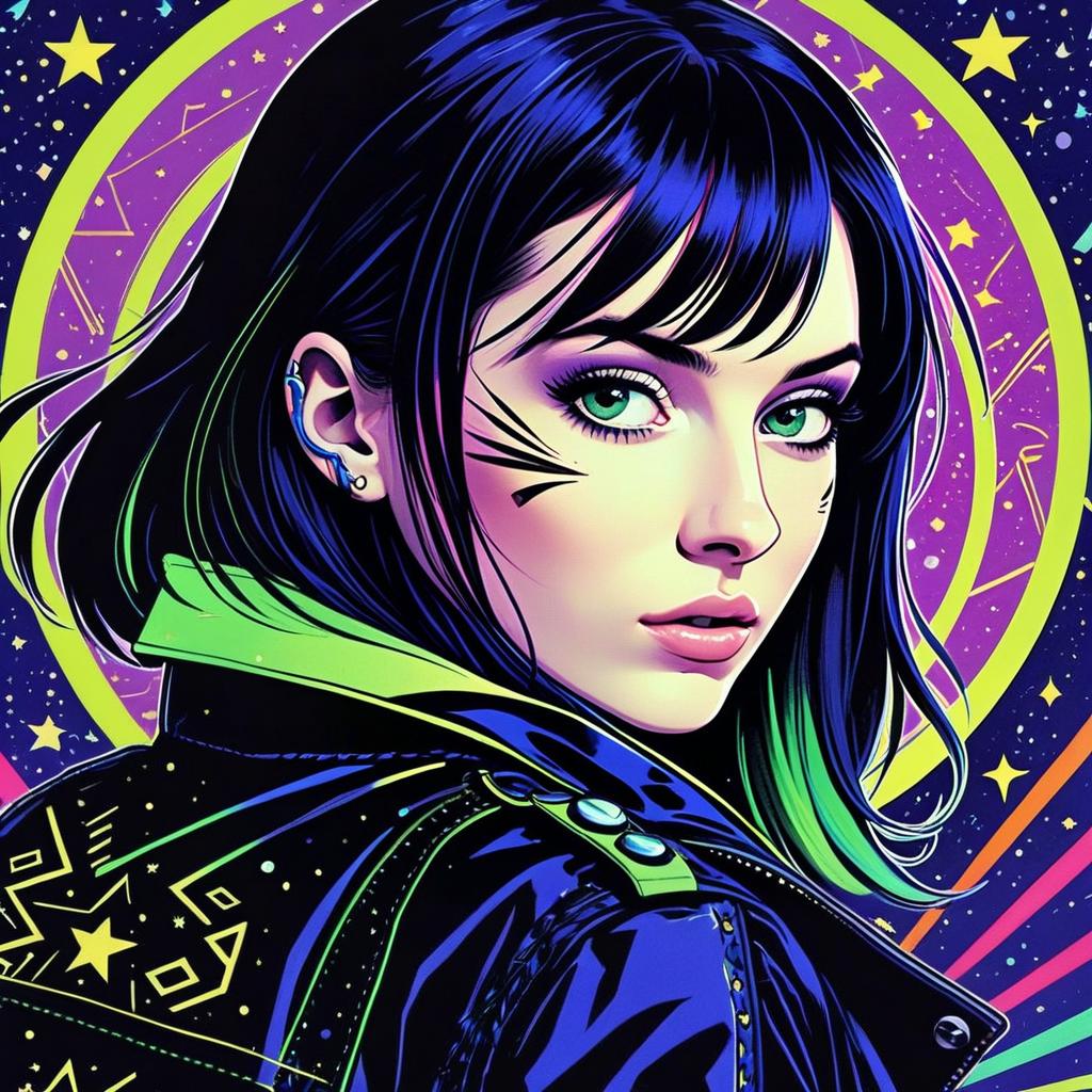 Cyberpunk Woman Digital Art with Neon Cosmic Background