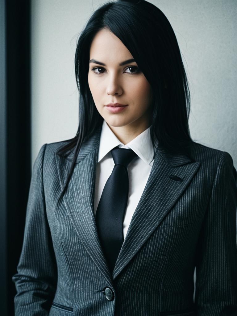 Woman in Formal Business Attire Pinstripe Suit with Sharp Textures