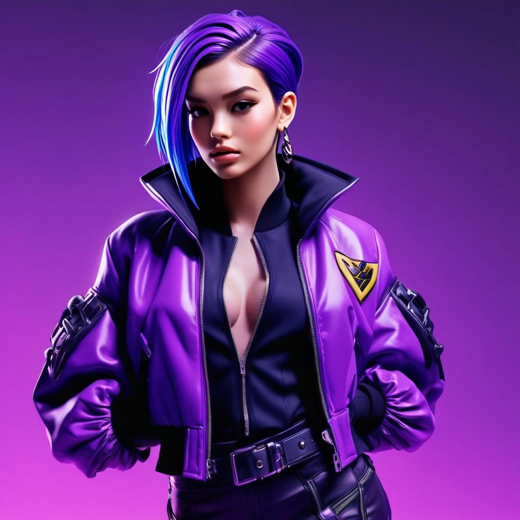Confident Woman with Purple Hair in Futuristic Jacket Confident Woman with Purple Hair in Futuristic Jacket