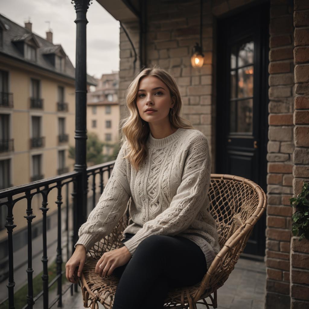 Woman in Cozy Cable Knit Sweater Sitting on Balcony with Rustic Brick Background