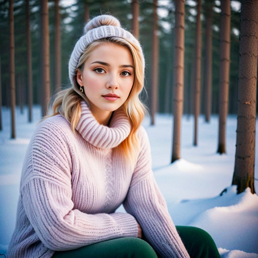 Serene winter scene with young woman in pink sweater