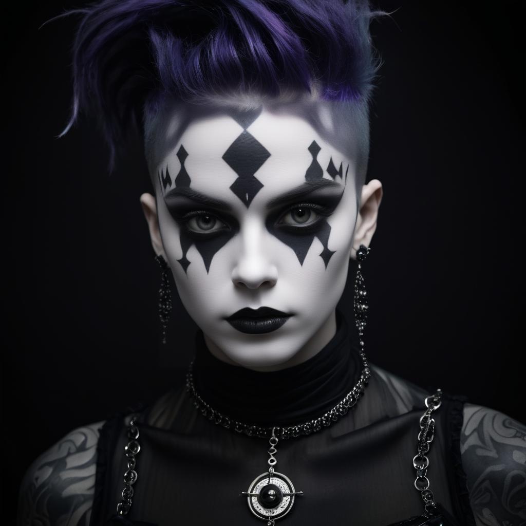 Gothic Woman with Purple Hair and Artistic Makeup