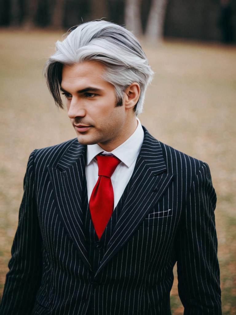Man in Black Pinstripe Suit with Silver Hair and Red Tie