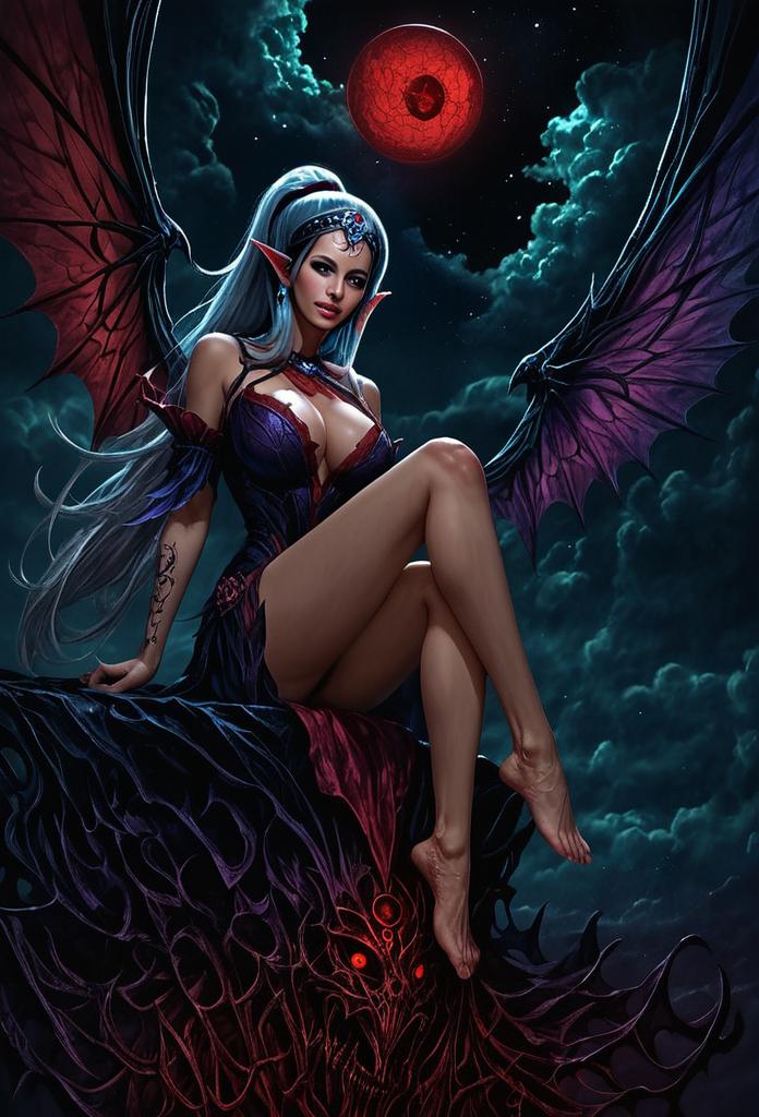 Dark Elf Woman with Bat Wings and Blood Moon Fantasy Digital Art