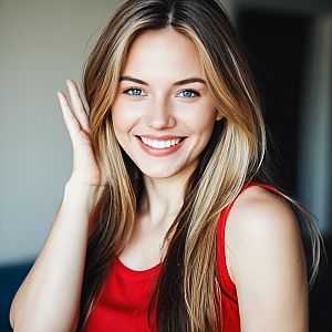 Cheerful woman with blonde hair in red top