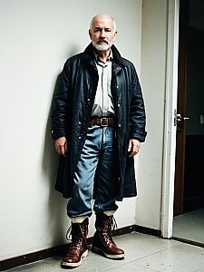 Realistic Portrait of Mature Man in Leather Coat and Boots
