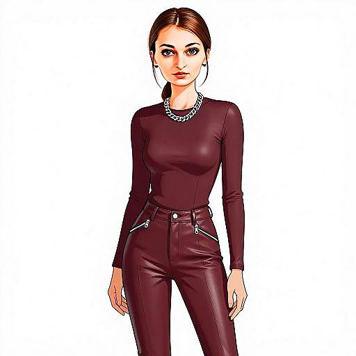 Stylish Woman in Burgundy Long Sleeves and Skinny Faux Leather Pants with Zipper Details